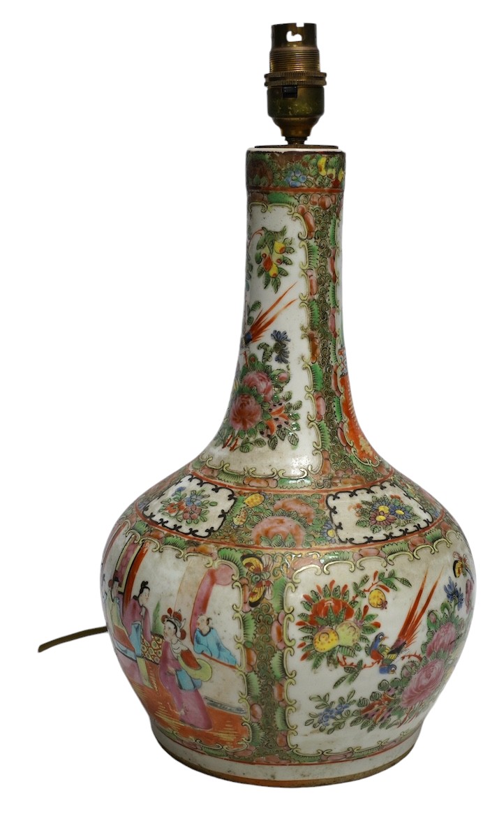 A 19th century Chinese famille rose vase (converted to a lamp), 37cm total. Condition - fair to good